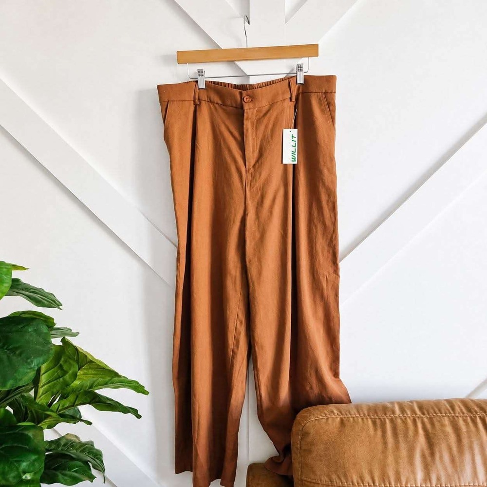 Willit Wide Leg Pants Women XXL Brown NWT Linen Blend Casual Relaxed 29 Inseam
